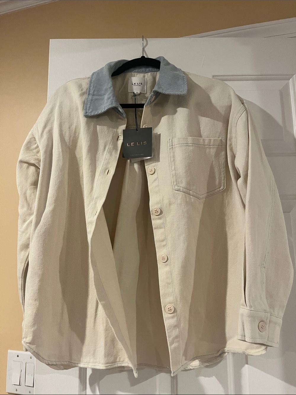 Le Lis Cream Button-Up Shirt Jacket with Light Blue Collar. OVERSIZED